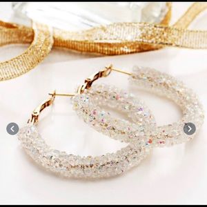 White Crystal Rhinestone Beaded Hoop Earrings